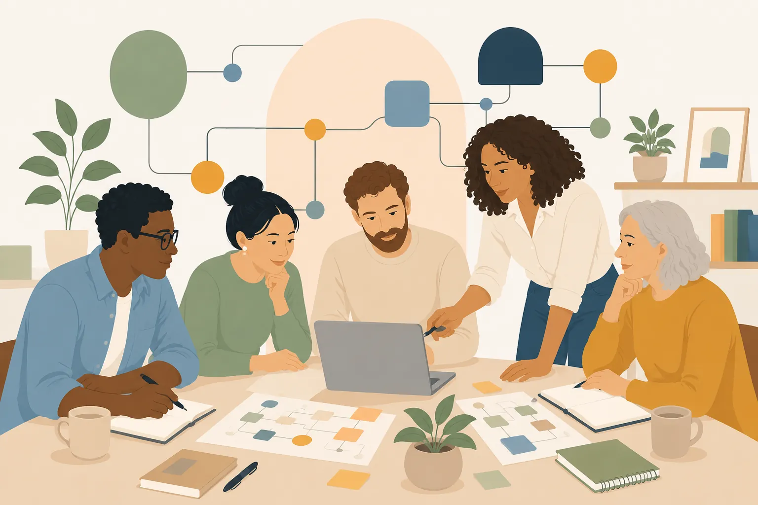 Illustration of a team collaborating around a laptop at a table, over shared notes and plans.