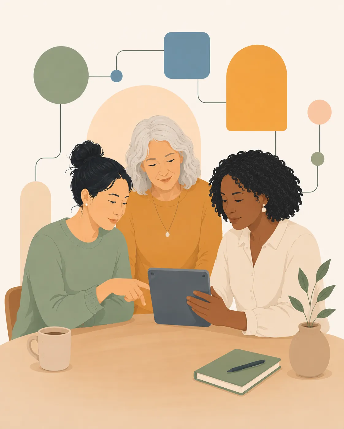 Three women of different ages gathered around a wooden table, sharing a tablet.