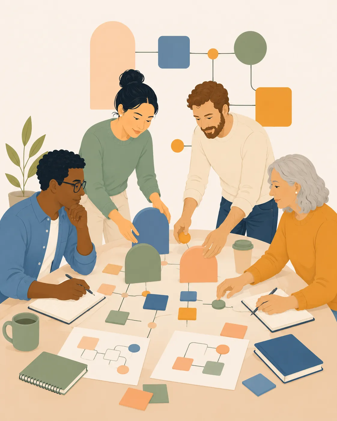 Four people collaborating around a table, arranging a process map during a planning workshop.