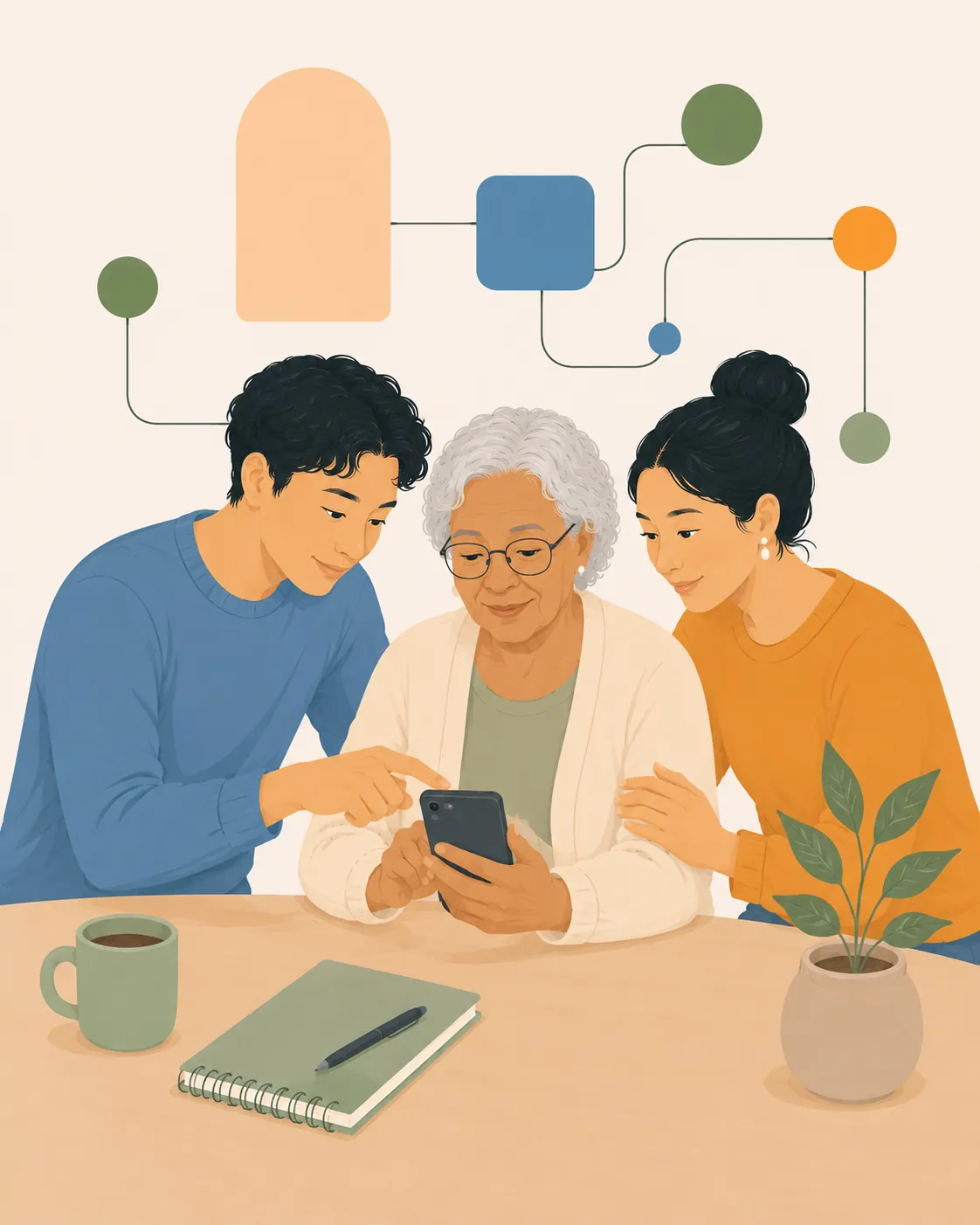 Two people smiling as they help an older woman use her smartphone at a table.