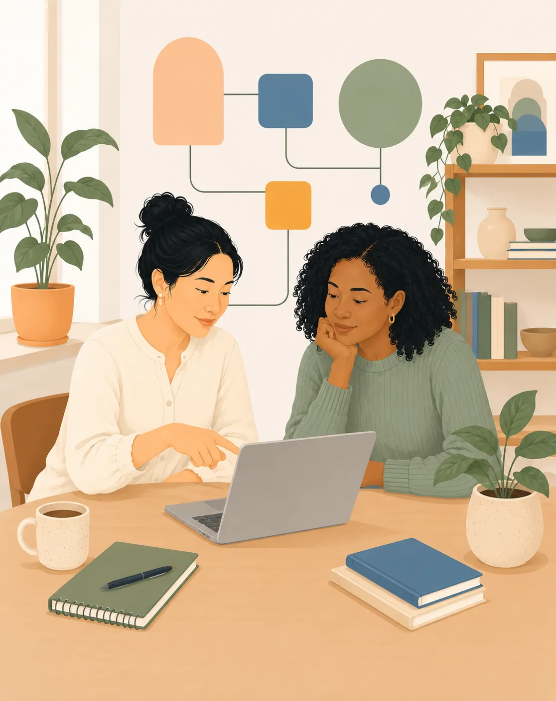 Two women in a bright living room, one sharing something on a laptop during a relaxed conversation.