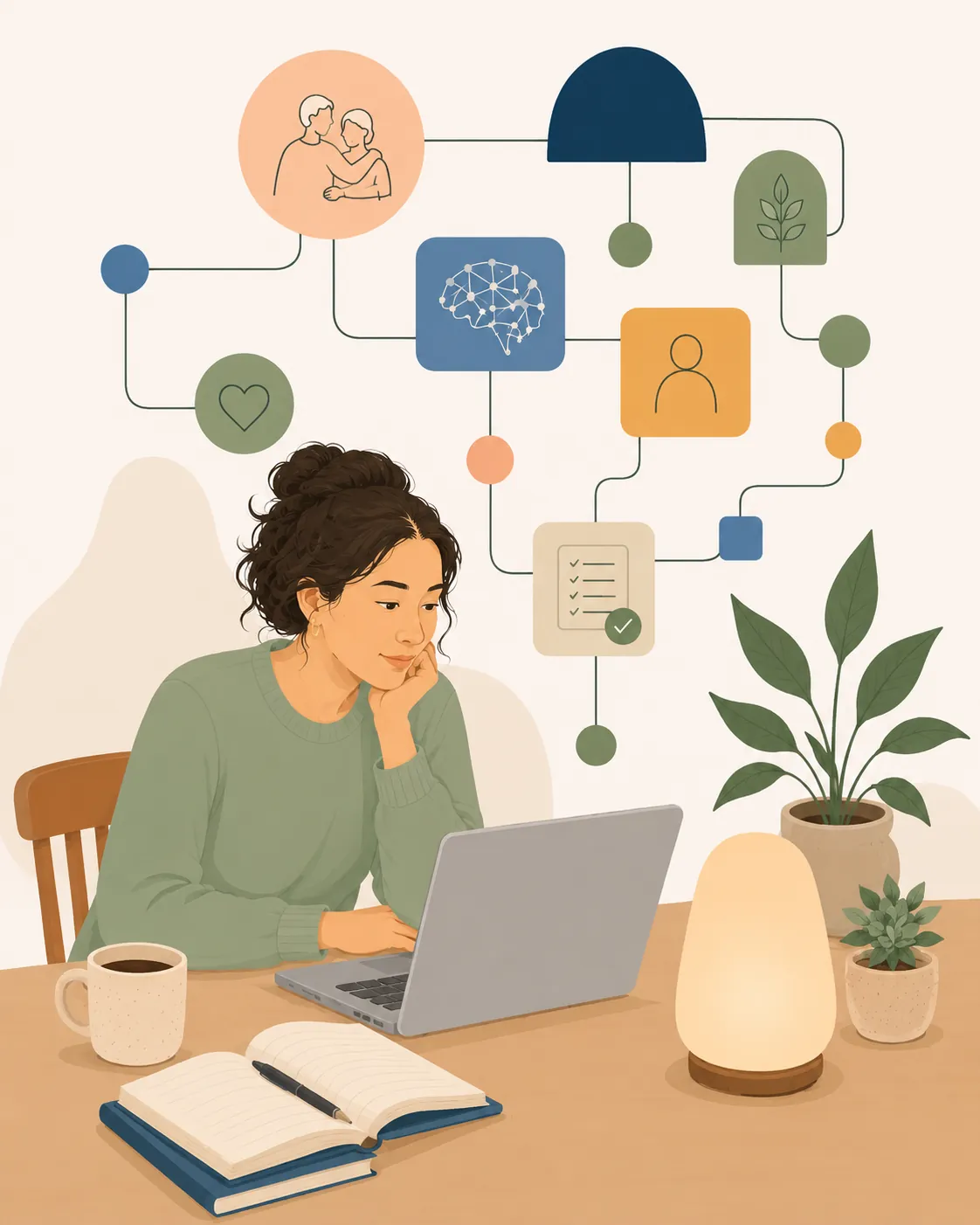 A woman pauses in thought at her laptop, a quiet network of ideas drifting above her.