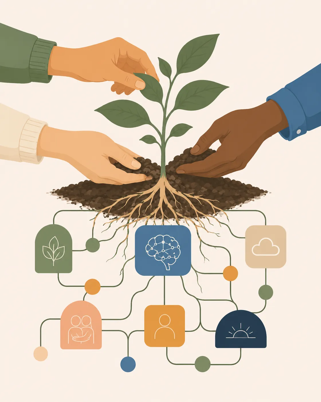 Hands from three people tend a young seedling whose roots branch into a connected network below the soil.