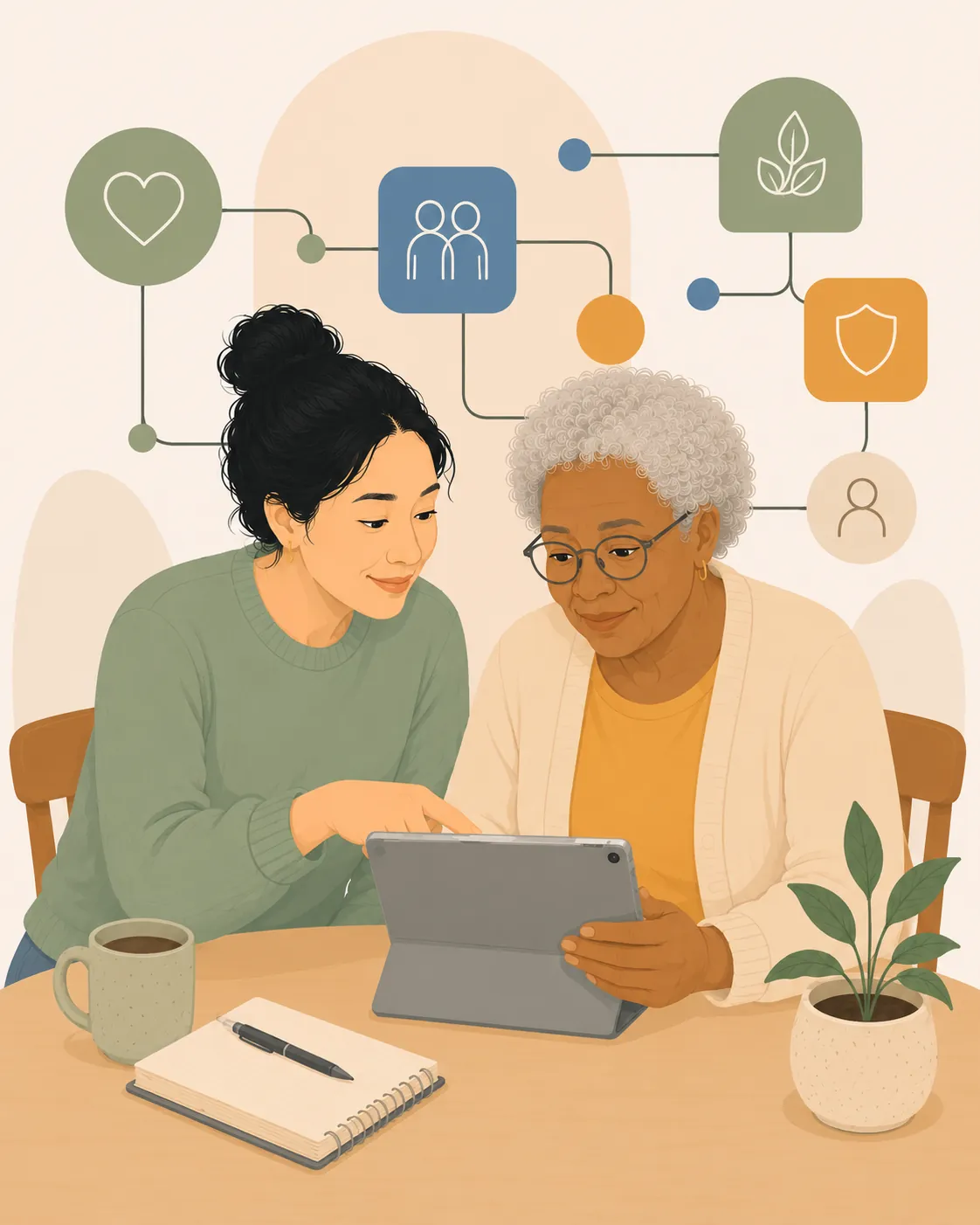 A younger woman patiently helps an older woman follow along on a tablet at a table.
