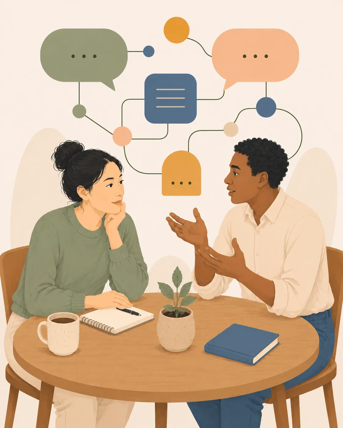 Two people in conversation at a table, one listening closely as the other speaks.